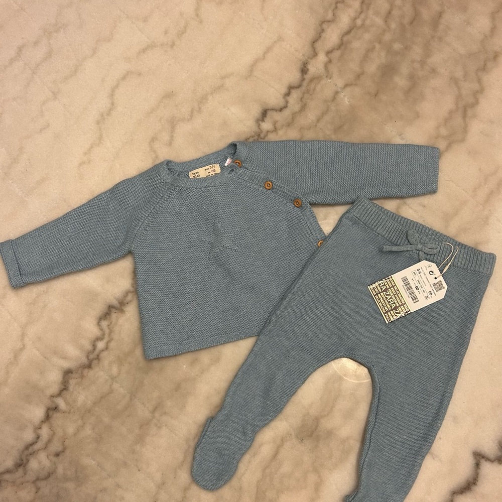 NWT Zara Cozy Blue Knit Baby Footie Set
